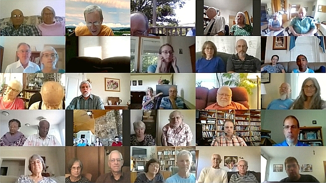 The Gallery view of the congregation on Zoom,